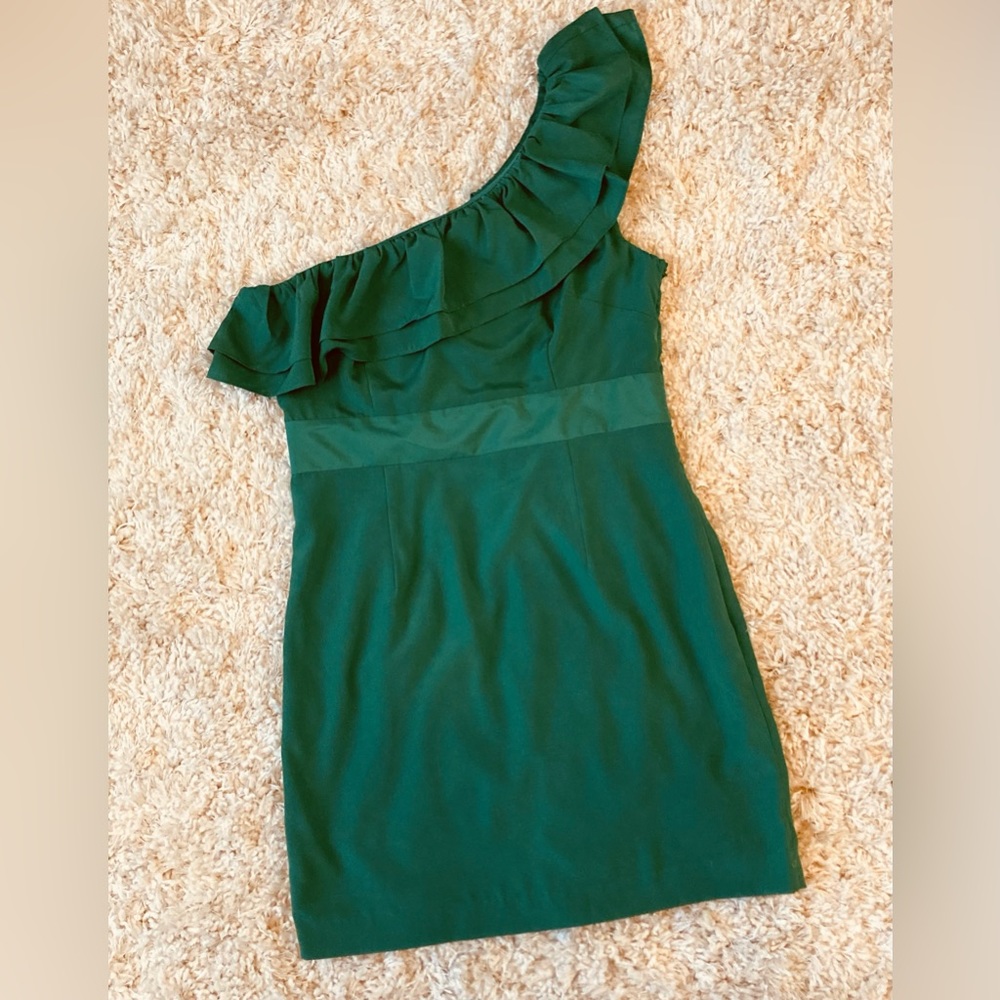 Green One Shoulder Ruffle Mini-Dress